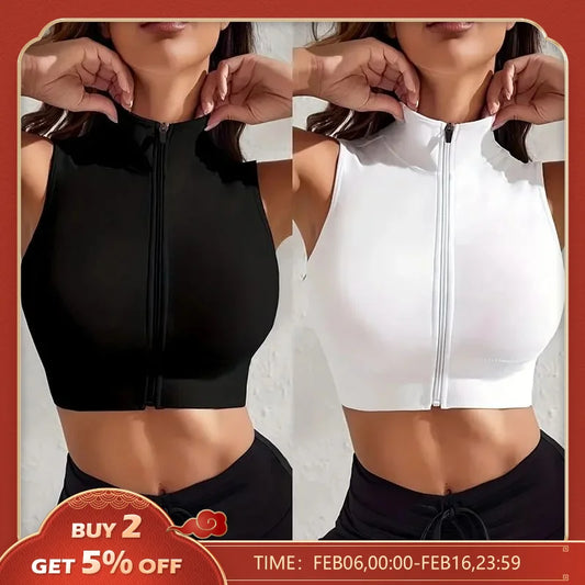 Women's 2-piece Set Close-fitting Breathable Sexy Yoga Zipper Exercise Fitness Vest Top