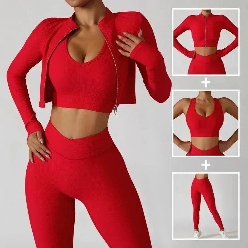 Jacket Sports Bra Leggings 3 Piece Set Women's Tracksuit, training and exercise Workout Gym Push Up Yoga Sportswear Suit Fitness